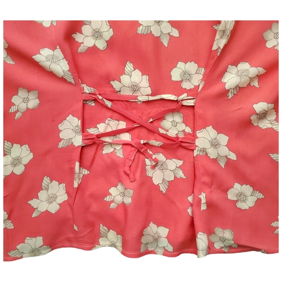 90s skirt shirt floral light v-neck short sleeve midi stretch A-line coral wm 16 - Picture 5 of 11